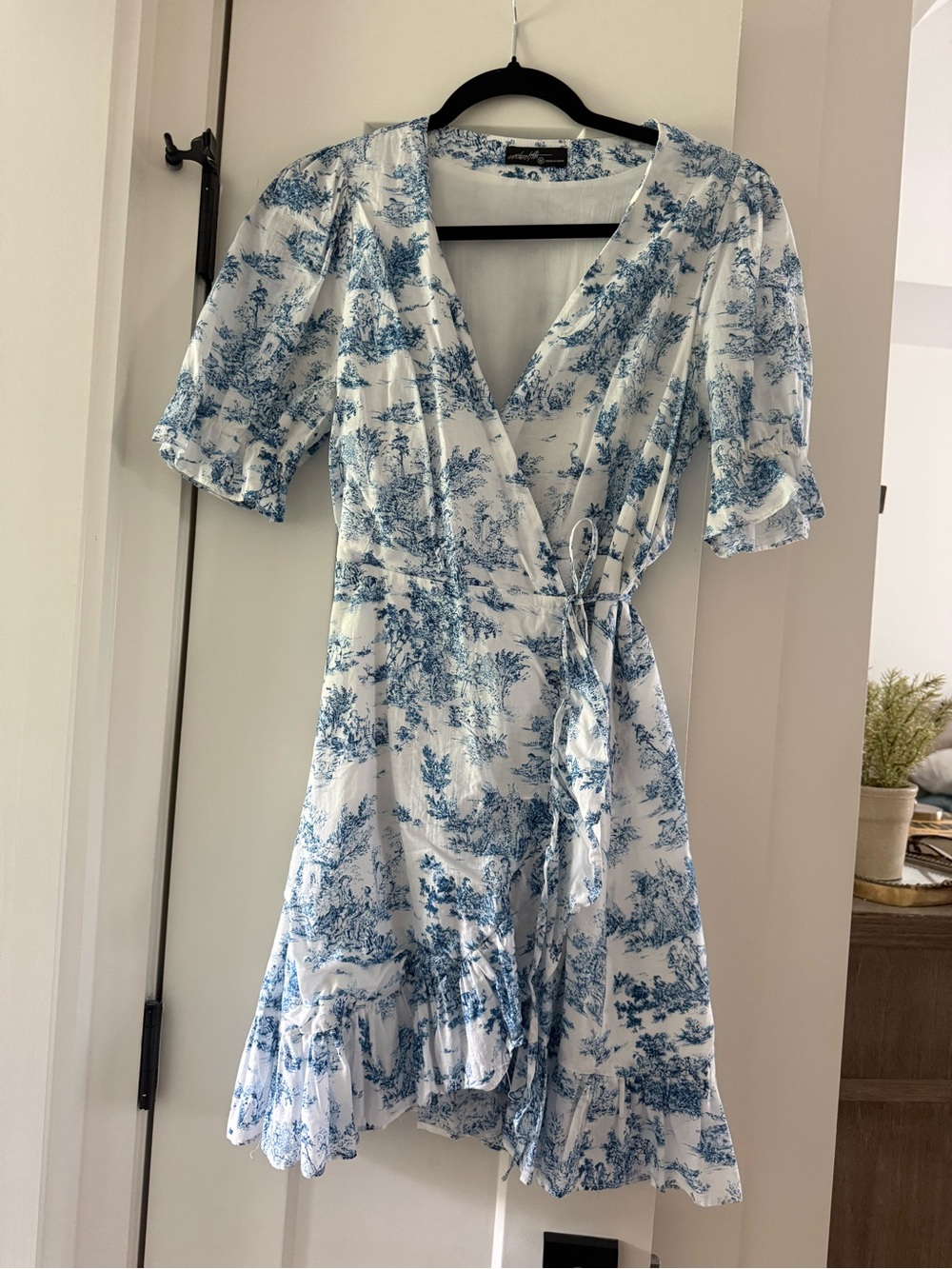 Vici Blue and White Toile Wrap Mini Dress